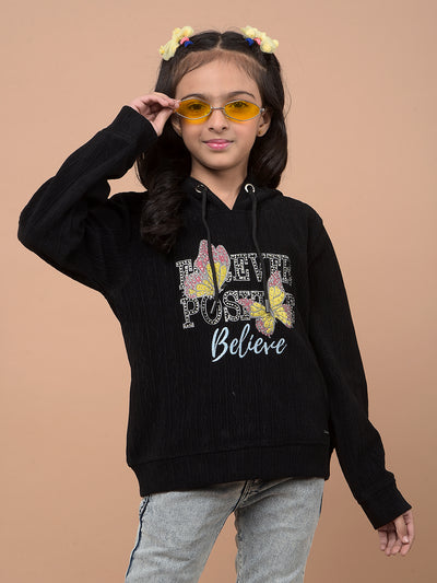 Black Embellished Hooded Neck Sweatshirt-Girls Sweatshirts-Crimsoune Club