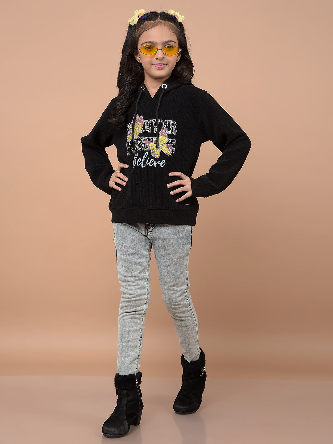Black Embellished Hooded Neck Sweatshirt-Girls Sweatshirts-Crimsoune Club