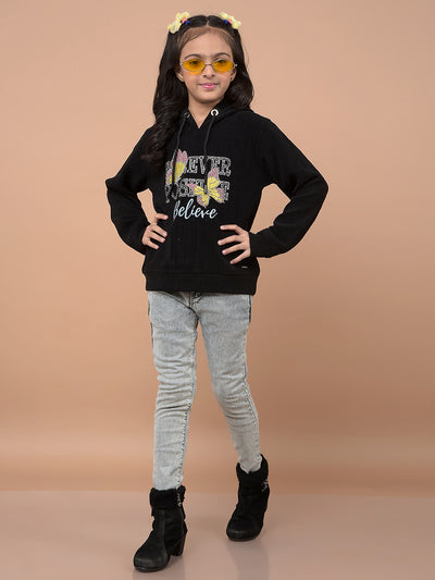 Black Embellished Hooded Neck Sweatshirt-Girls Sweatshirts-Crimsoune Club