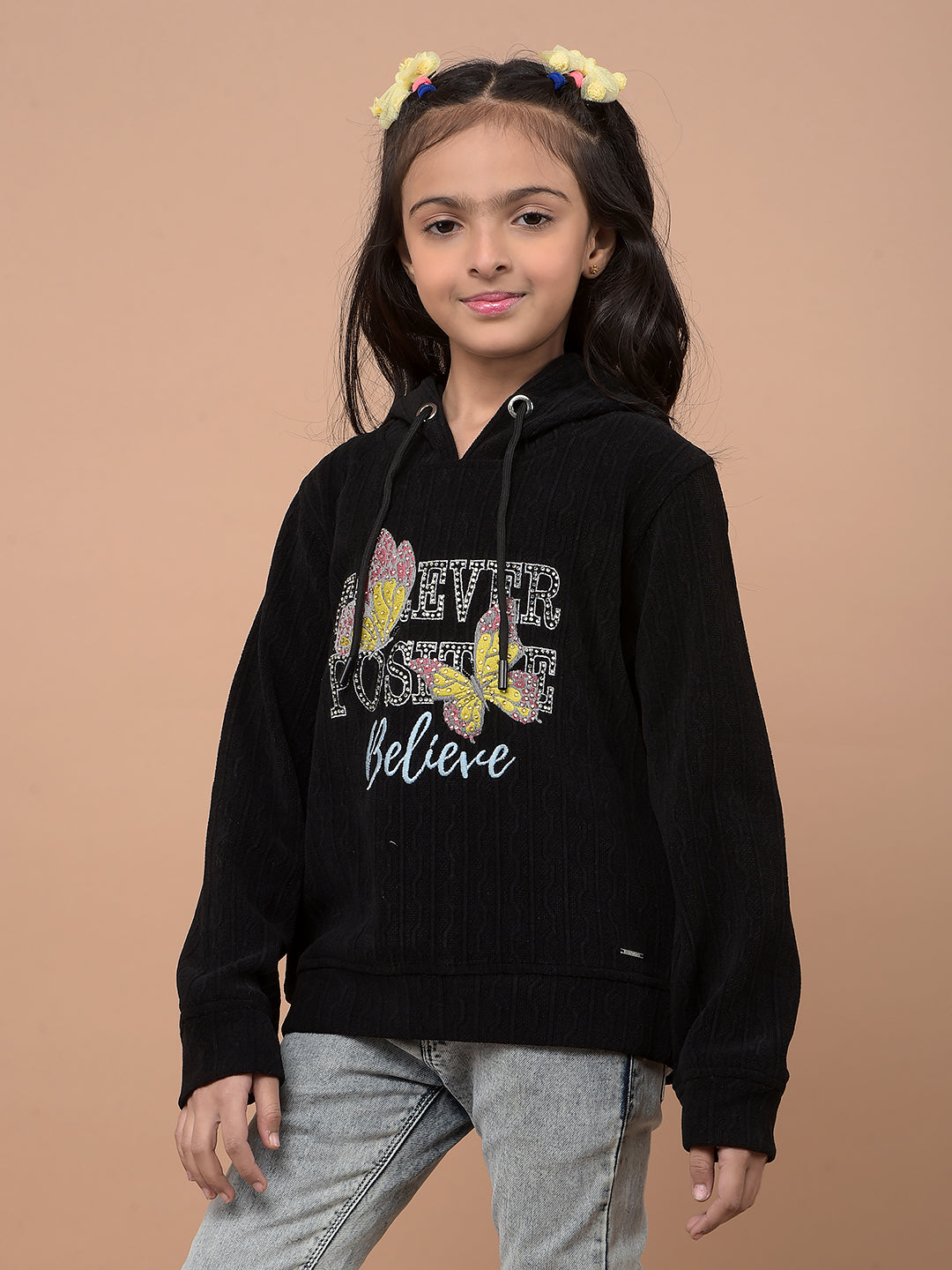 Black Embellished Hooded Neck Sweatshirt-Girls Sweatshirts-Crimsoune Club