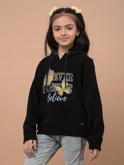 Black Embellished Hooded Neck Sweatshirt-Girls Sweatshirts-Crimsoune Club