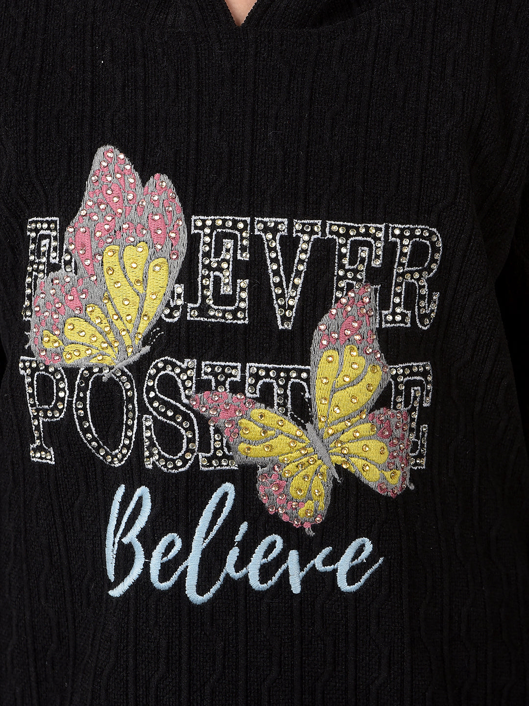 Black Embellished Hooded Neck Sweatshirt-Girls Sweatshirts-Crimsoune Club
