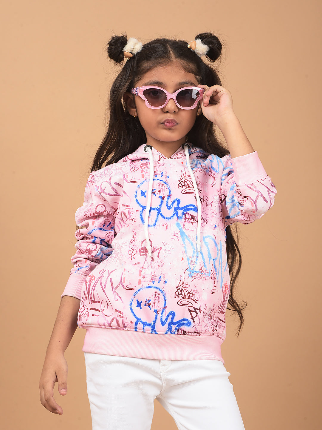 Pink Printed Hooded Neck Sweatshirt-Girls Sweatshirts-Crimsoune Club