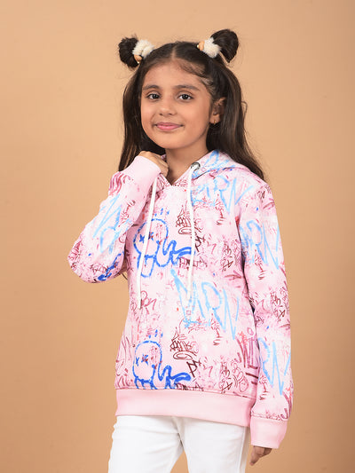 Pink Printed Hooded Neck Sweatshirt-Girls Sweatshirts-Crimsoune Club
