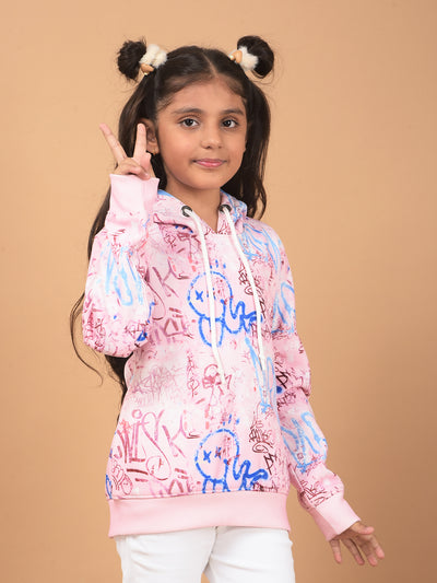 Pink Printed Hooded Neck Sweatshirt-Girls Sweatshirts-Crimsoune Club