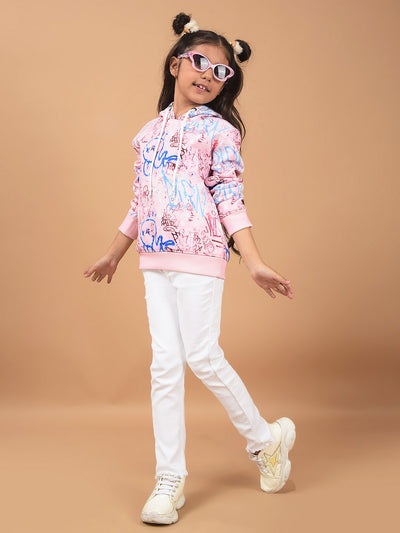 Pink Printed Hooded Neck Sweatshirt-Girls Sweatshirts-Crimsoune Club