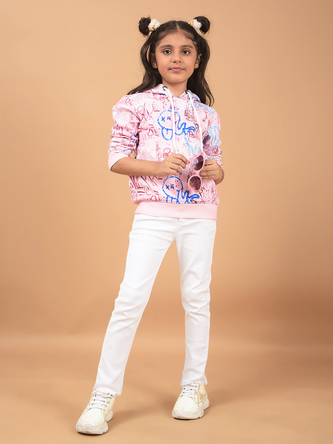 Pink Printed Hooded Neck Sweatshirt-Girls Sweatshirts-Crimsoune Club