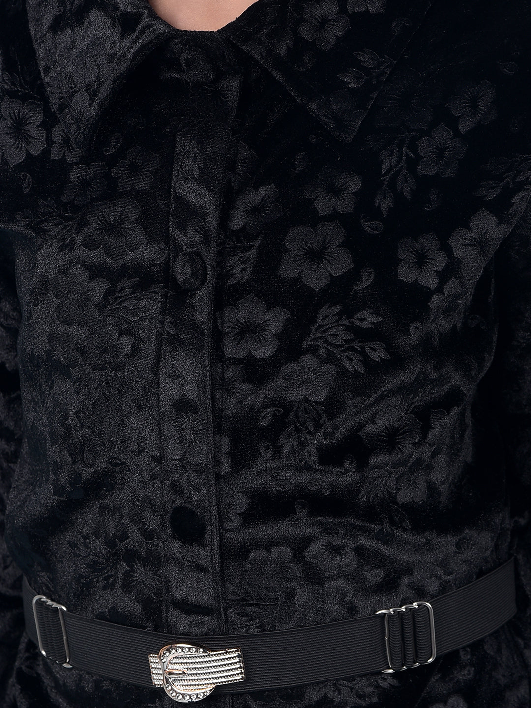 Black Floral Print Mini Shirt-Dress with Belt-Girls Dresses-Crimsoune Club