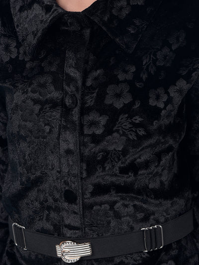 Black Floral Print Mini Shirt-Dress with Belt-Girls Dresses-Crimsoune Club