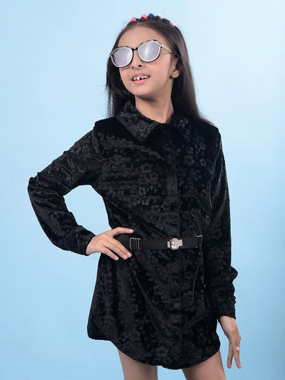 Black Floral Print Mini Shirt-Dress with Belt-Girls Dresses-Crimsoune Club