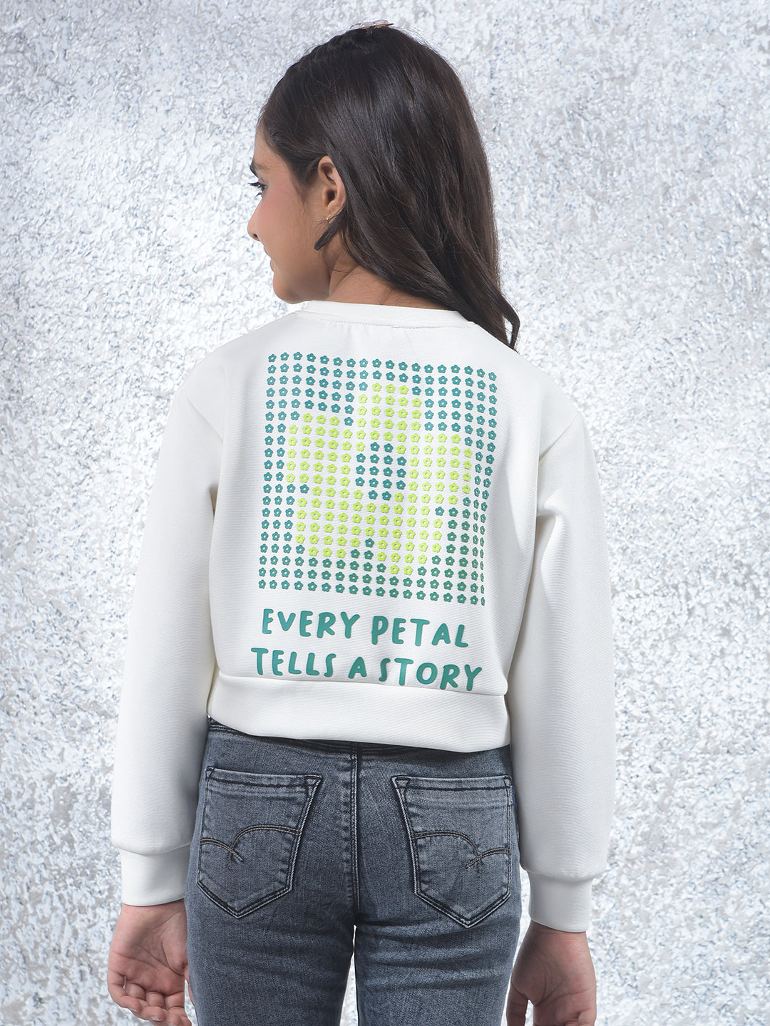 Off White Typographic Print Cropped Knitted-Sweatshirt-Girls Sweatshirts-Crimsoune Club