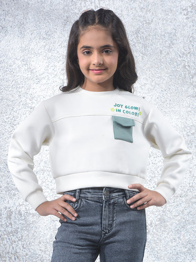 Off White Typographic Print Cropped Knitted-Sweatshirt-Girls Sweatshirts-Crimsoune Club
