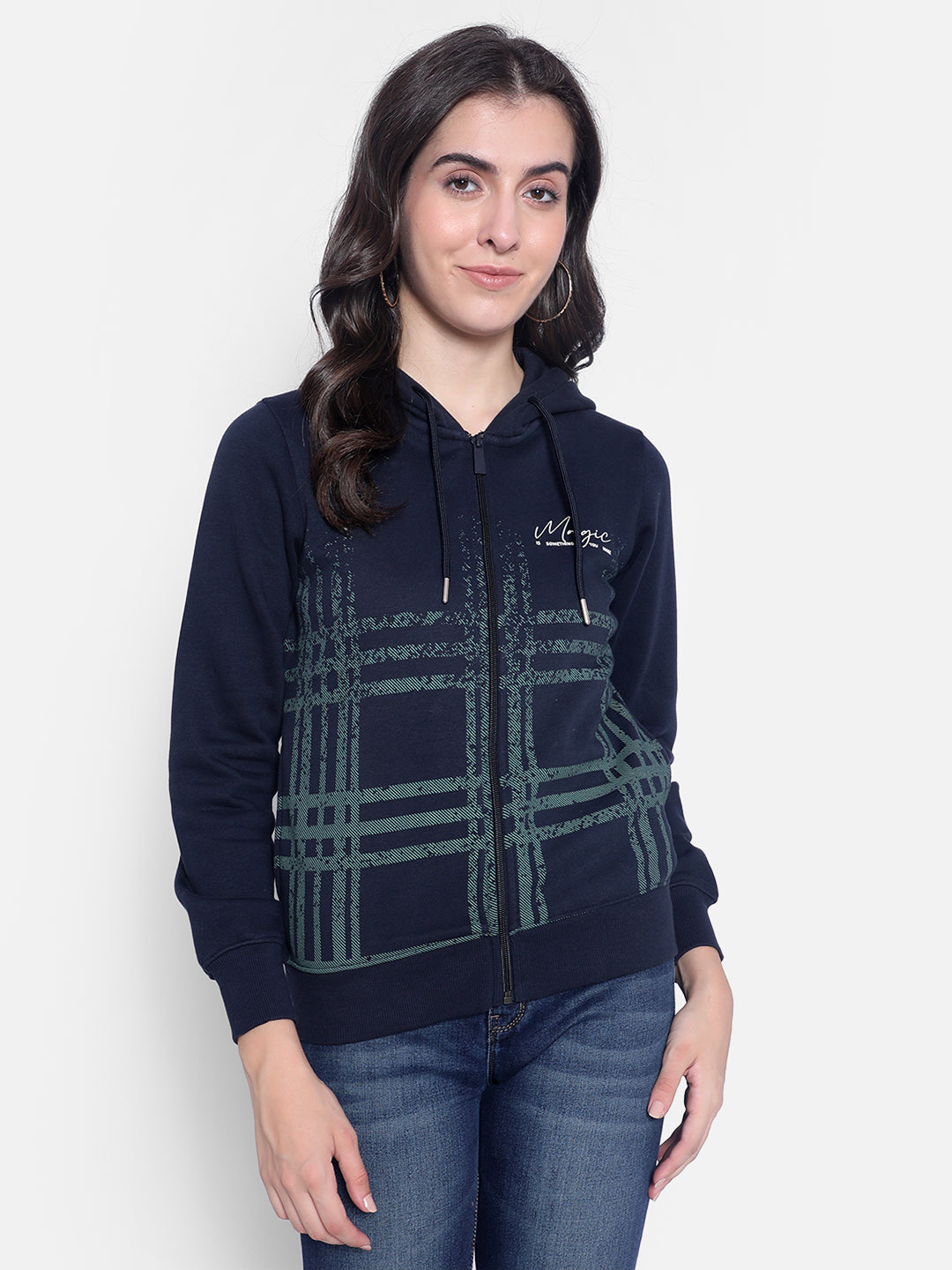 Navy Blue Printed hooded Sweatshirt-Women Sweatshirts-Crimsoune Club