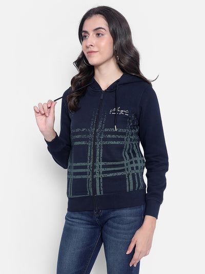 Navy Blue Printed hooded Sweatshirt-Women Sweatshirts-Crimsoune Club