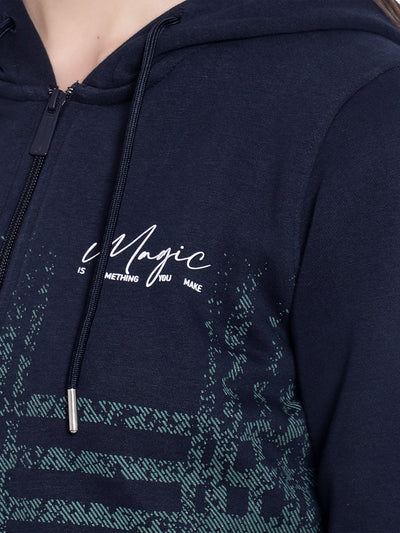 Navy Blue Printed hooded Sweatshirt-Women Sweatshirts-Crimsoune Club