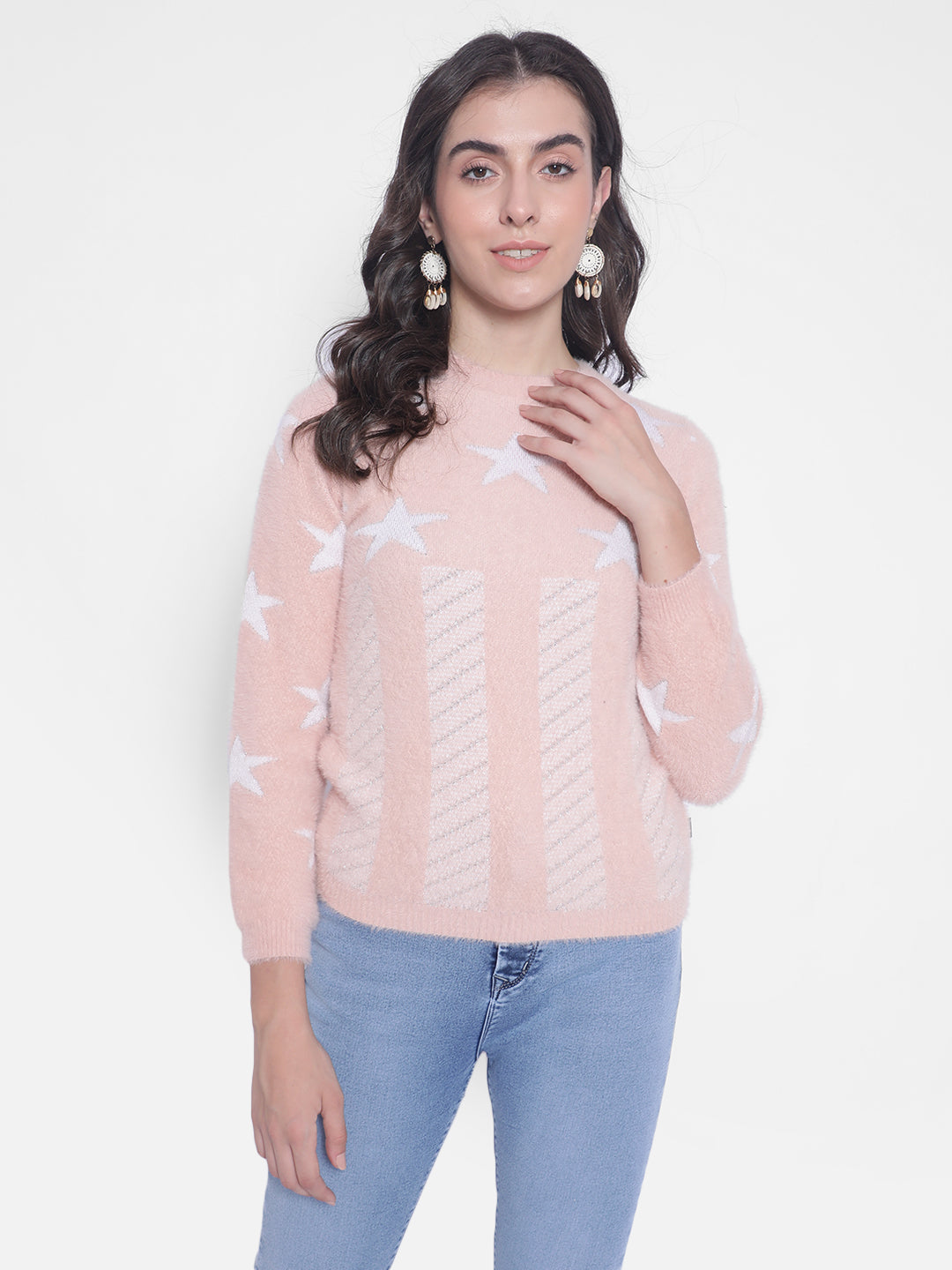 Peach Printed Sweater-Women Sweaters-Crimsoune Club
