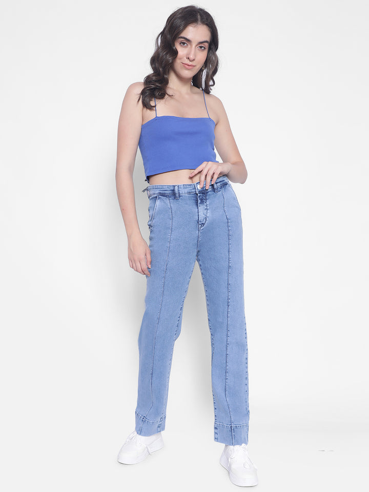 Light Blue Straight Jeans-Women Jeans-Crimsoune Club