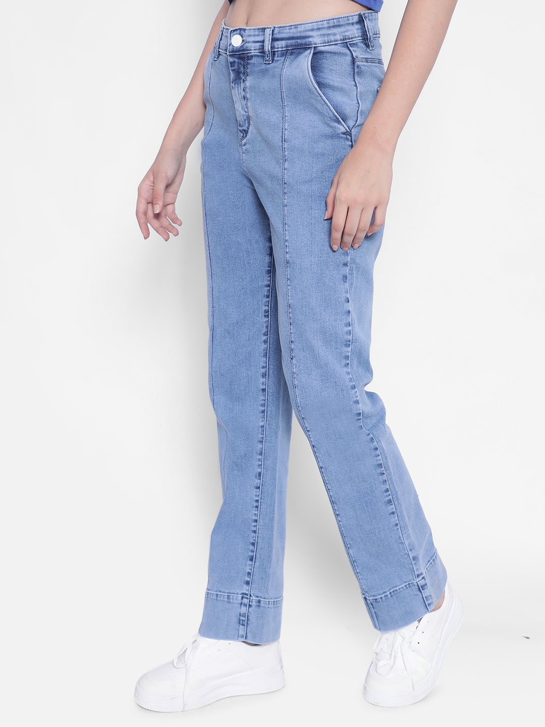 Light Blue Straight Jeans-Women Jeans-Crimsoune Club