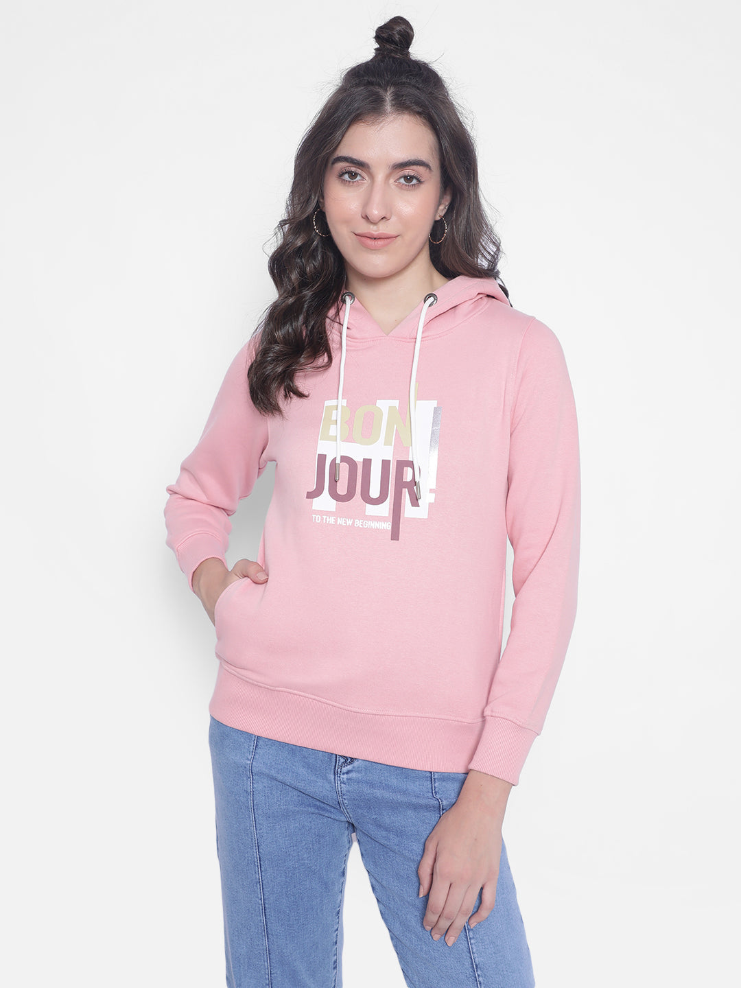 Pink Printed hooded Sweatshirt-Women Sweatshirts-Crimsoune Club