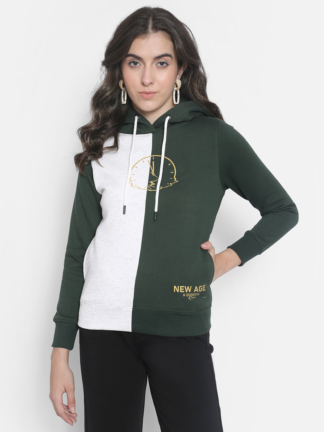 Green Colourblocked hooded Sweatshirt-Women Sweatshirts-Crimsoune Club