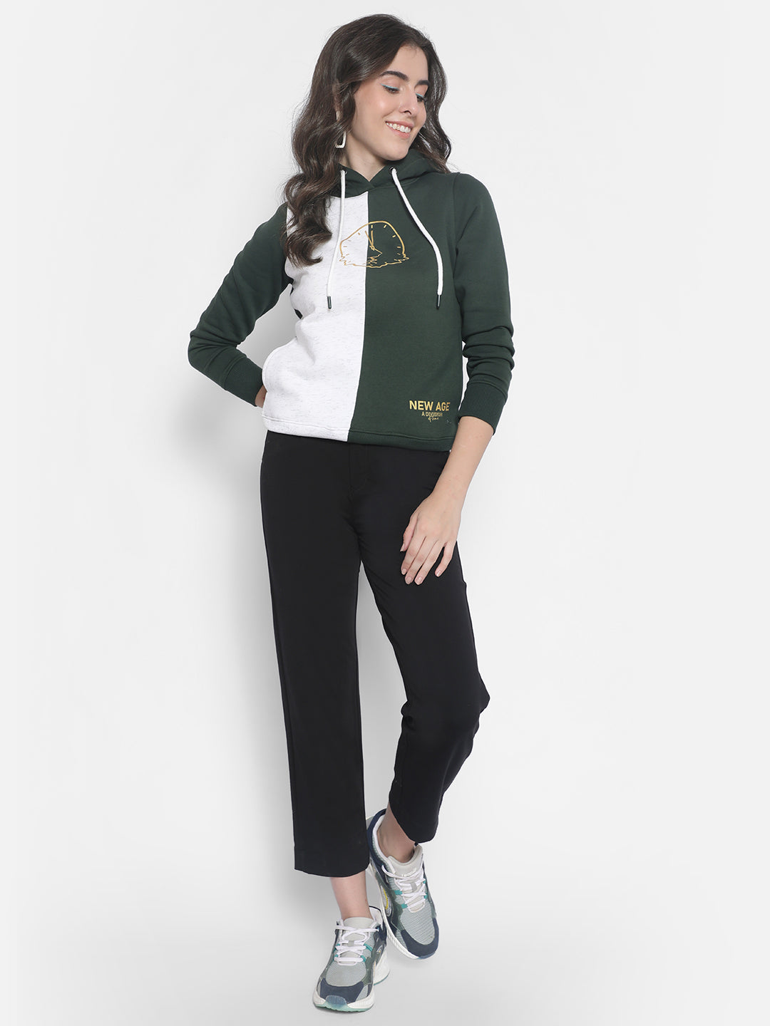 Green Colourblocked hooded Sweatshirt-Women Sweatshirts-Crimsoune Club