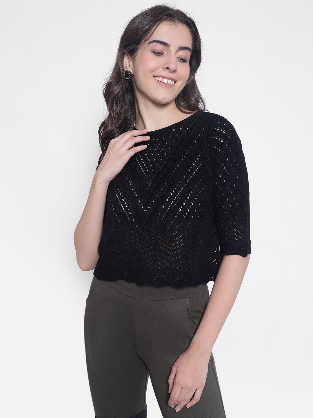 Black Crop Length Sweaters-Women Sweaters-Crimsoune Club