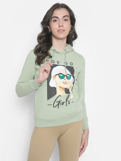 Olive Printed hooded Sweatshirt-Women Sweatshirts-Crimsoune Club