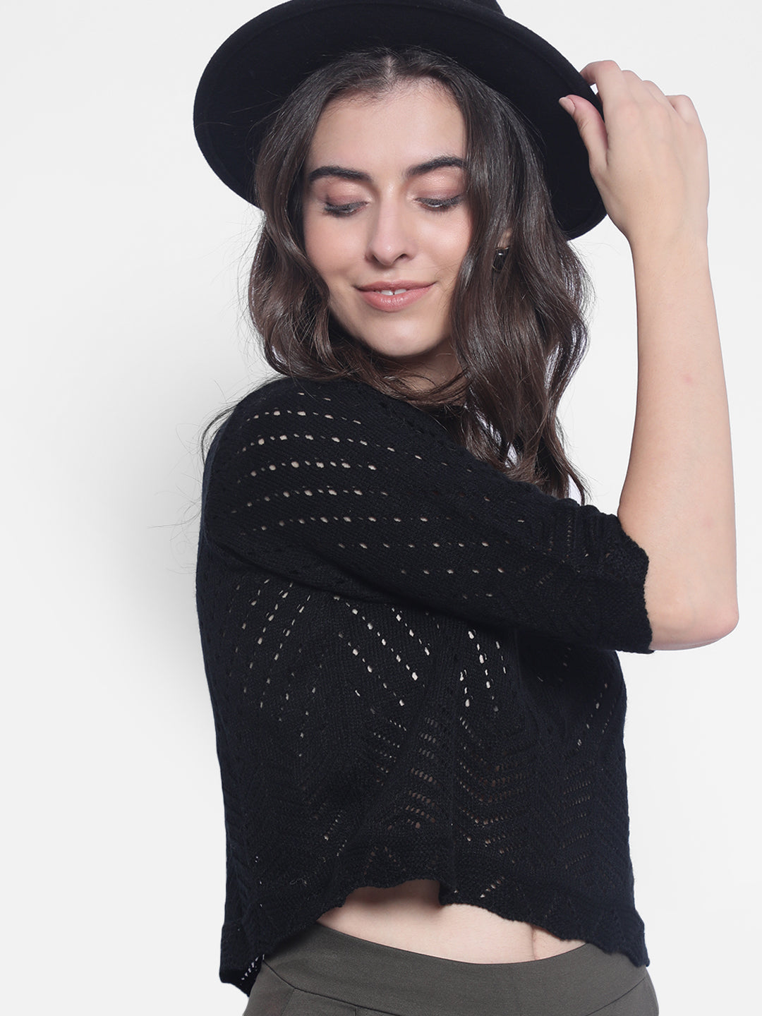 Black Crop Length Sweaters-Women Sweaters-Crimsoune Club