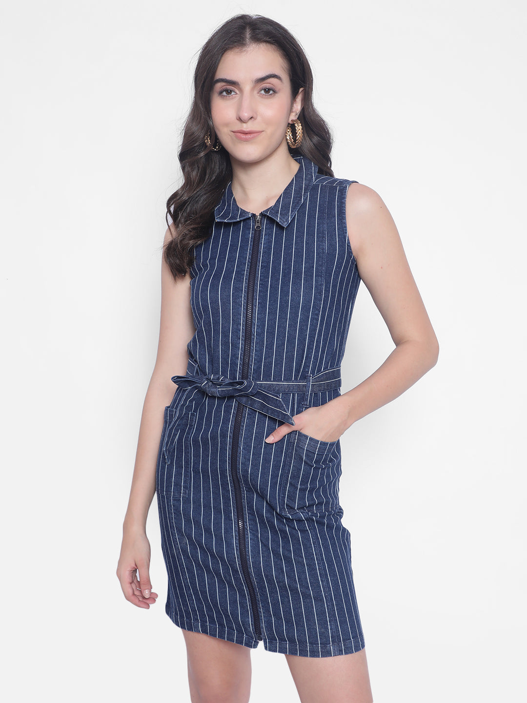 Blue Stripes Denim Dress-Women Dresses-Crimsoune Club