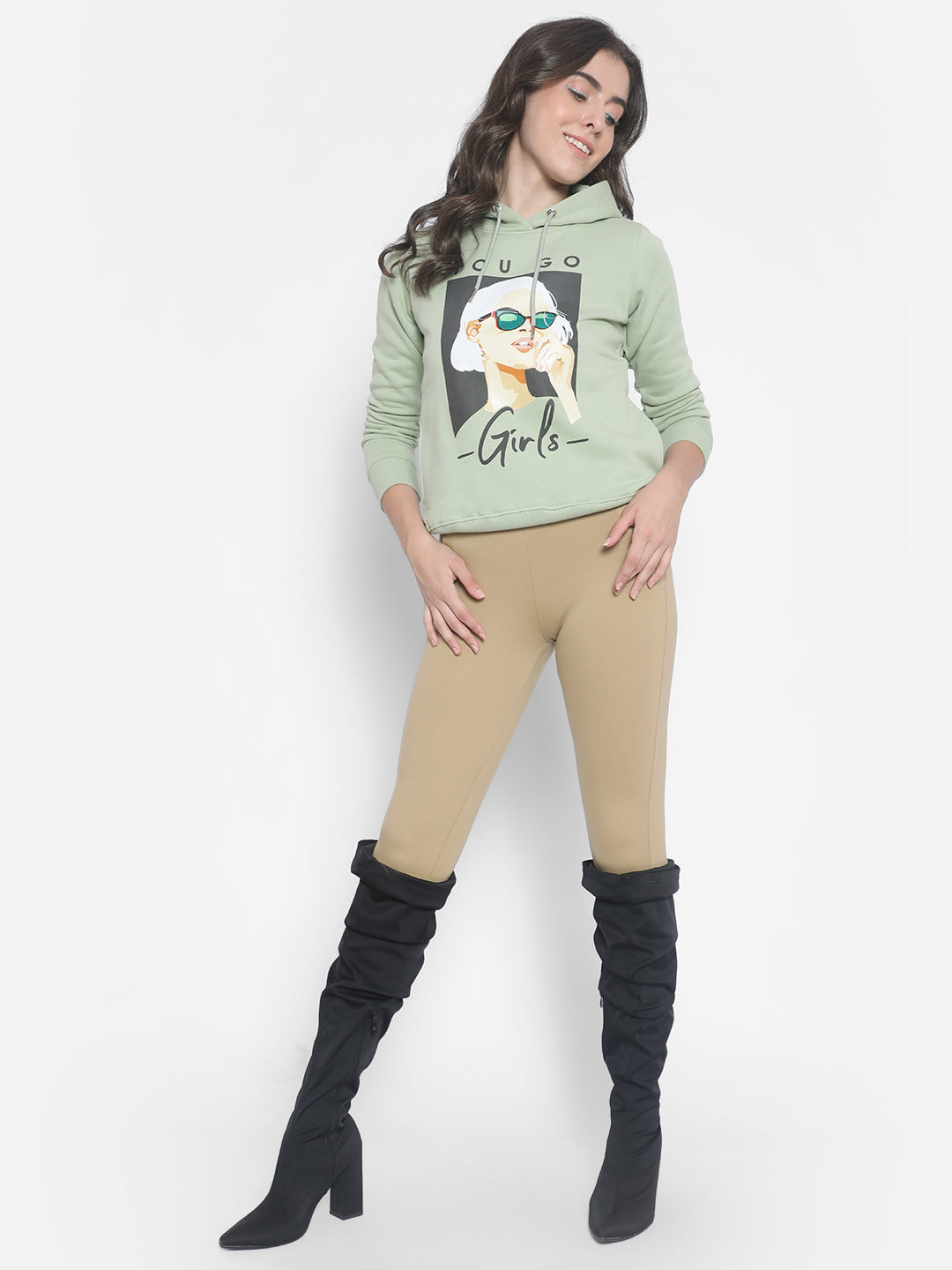 Olive Printed hooded Sweatshirt-Women Sweatshirts-Crimsoune Club