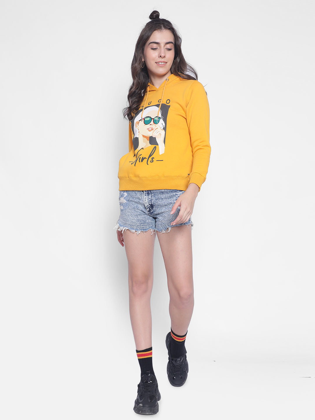 Mustard Printed hooded Sweatshirt-Women Sweatshirts-Crimsoune Club
