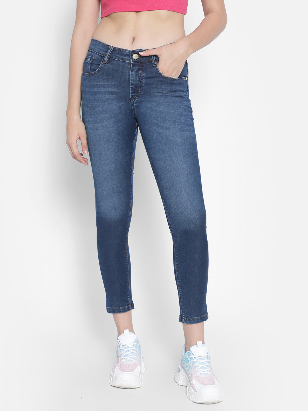 Blue Ankle Length Jeans-Women Jeans-Crimsoune Club