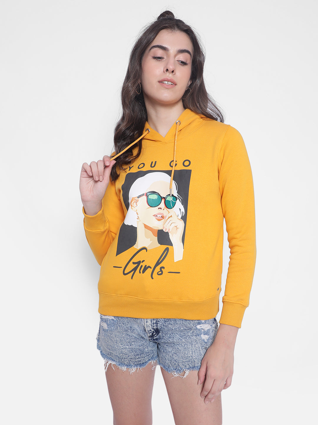 Mustard Printed hooded Sweatshirt-Women Sweatshirts-Crimsoune Club