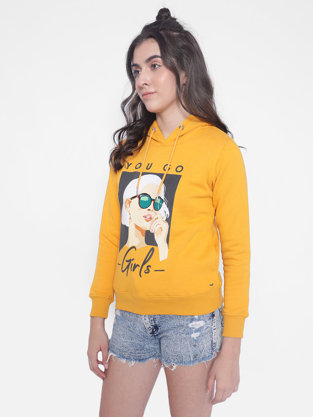 Mustard Printed hooded Sweatshirt-Women Sweatshirts-Crimsoune Club