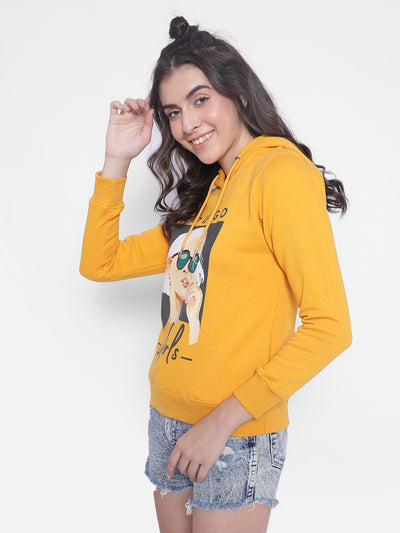 Mustard Printed hooded Sweatshirt-Women Sweatshirts-Crimsoune Club