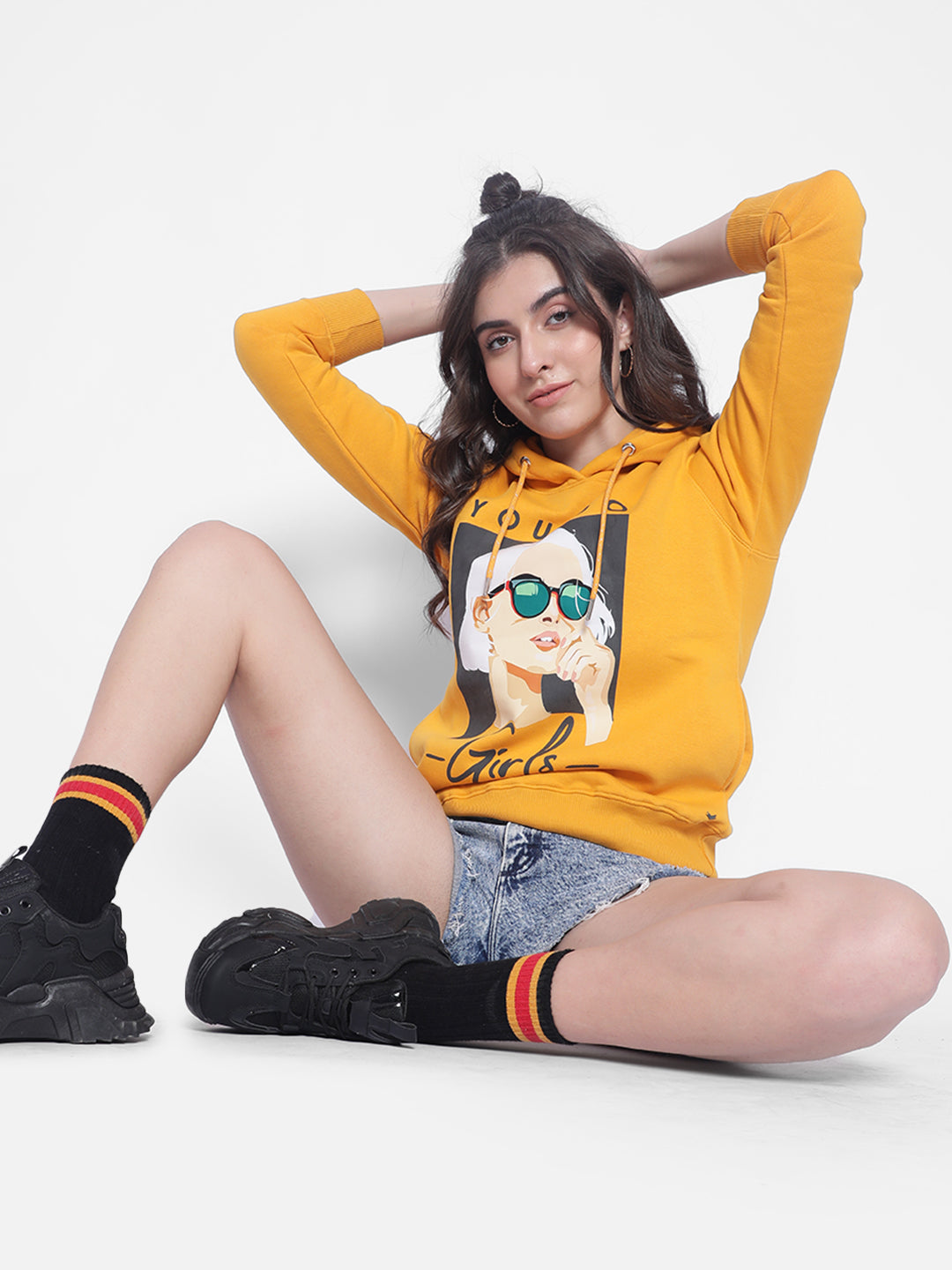 Mustard Printed hooded Sweatshirt-Women Sweatshirts-Crimsoune Club