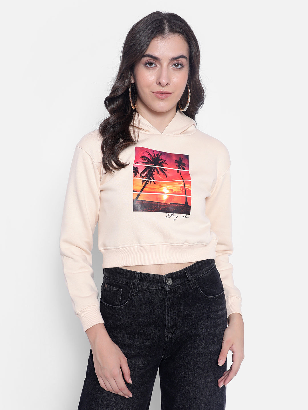 Peach Printed hooded Crop Sweatshirt-Women Sweatshirts-Crimsoune Club