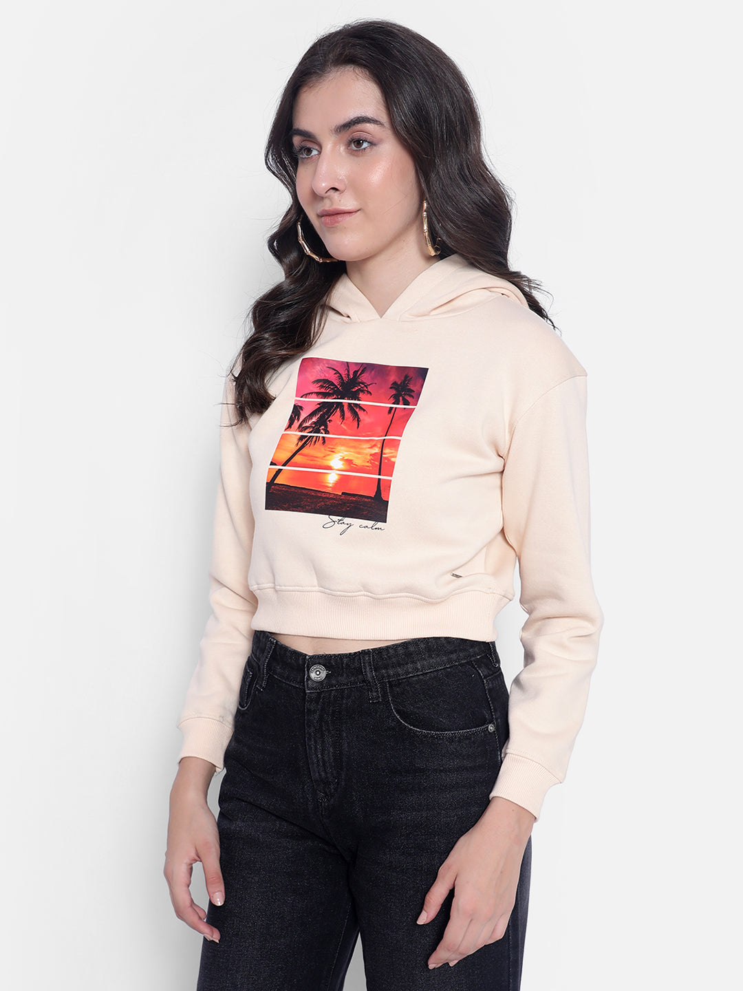 Peach Printed hooded Crop Sweatshirt-Women Sweatshirts-Crimsoune Club