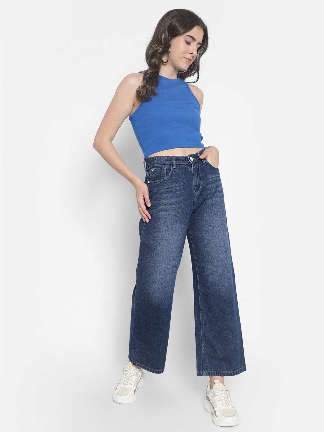 Blue Wide Leg Jeans-Women Jeans-Crimsoune Club