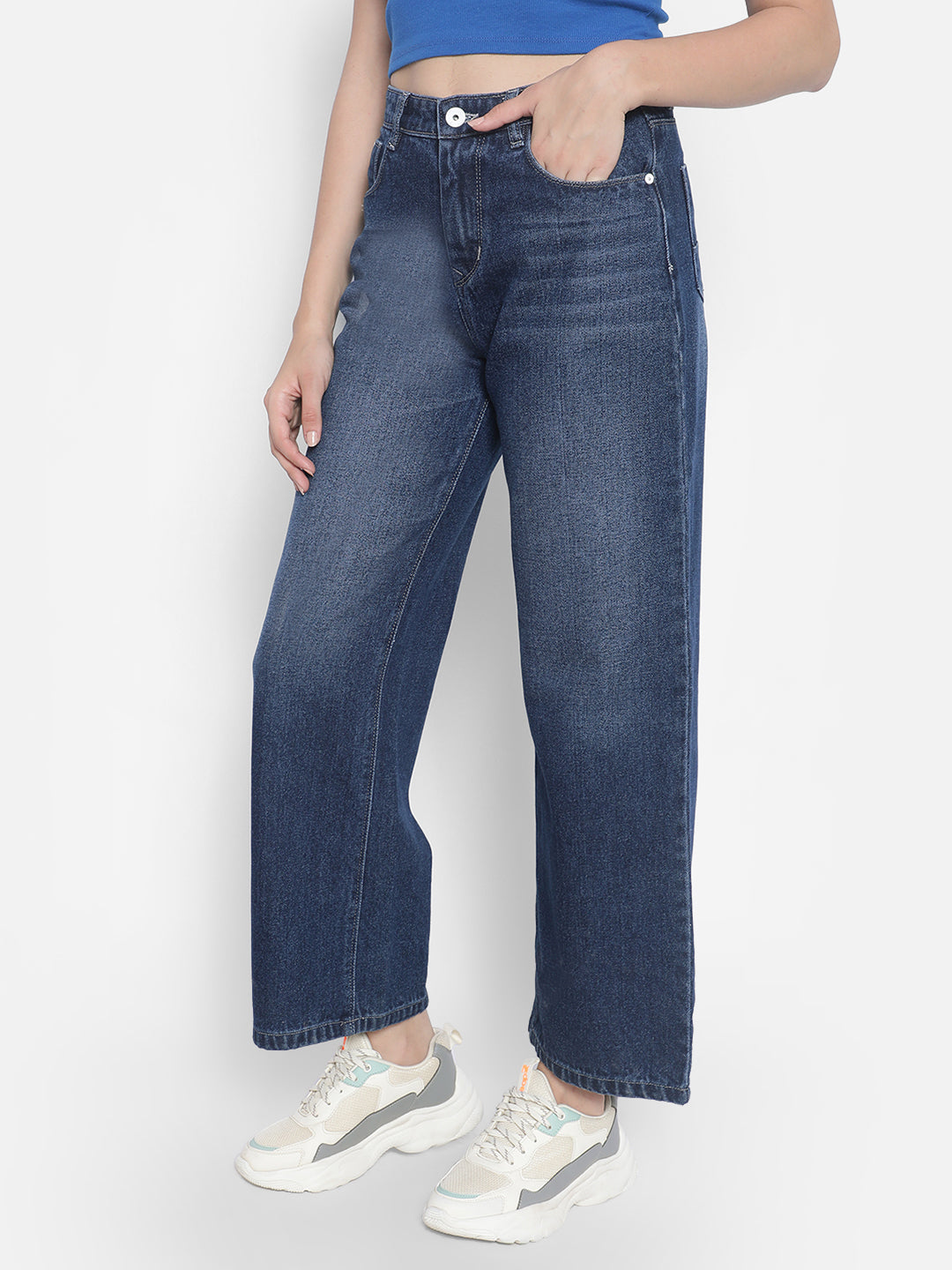 Blue Wide Leg Jeans-Women Jeans-Crimsoune Club