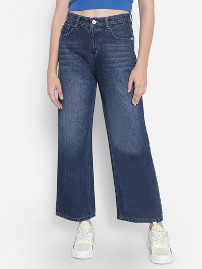 Blue Wide Leg Jeans-Women Jeans-Crimsoune Club