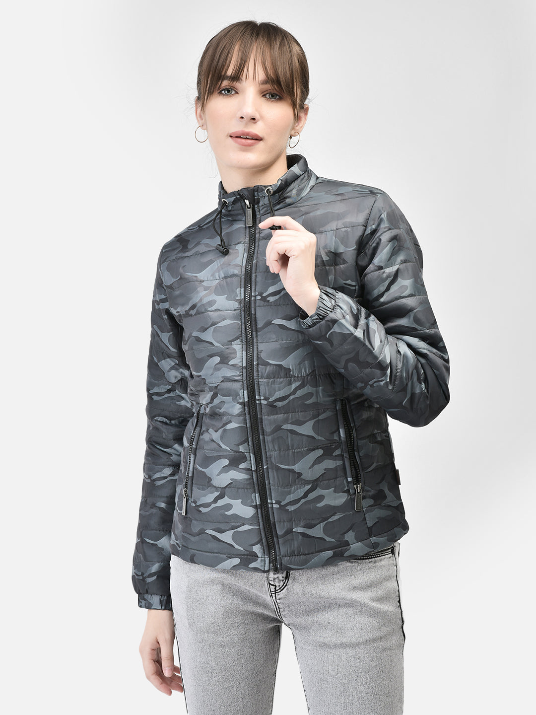 Grey Camouflage Puffer Jacket-Women Jackets-Crimsoune Club