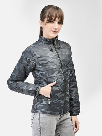 Grey Camouflage Puffer Jacket-Women Jackets-Crimsoune Club