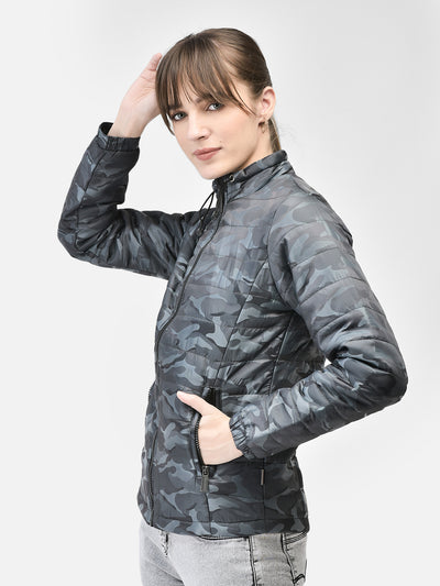 Grey Camouflage Puffer Jacket-Women Jackets-Crimsoune Club