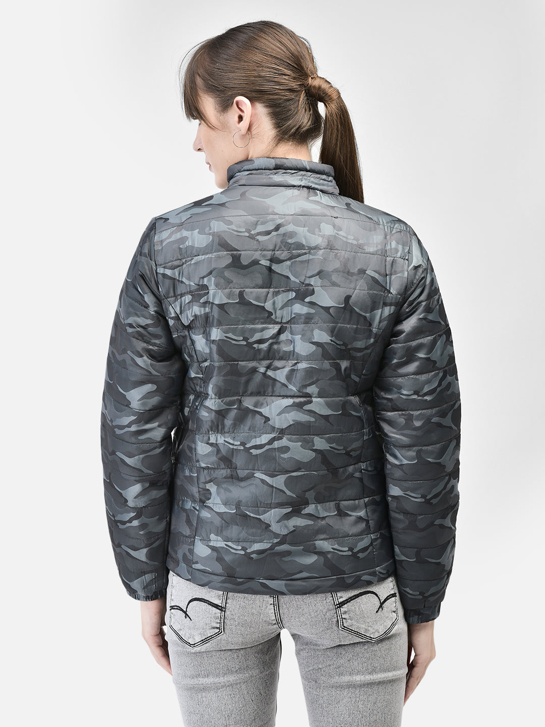 Grey Camouflage Puffer Jacket-Women Jackets-Crimsoune Club