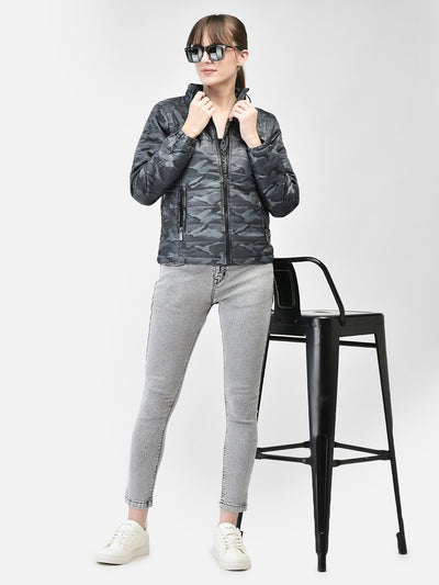 Grey Camouflage Puffer Jacket-Women Jackets-Crimsoune Club