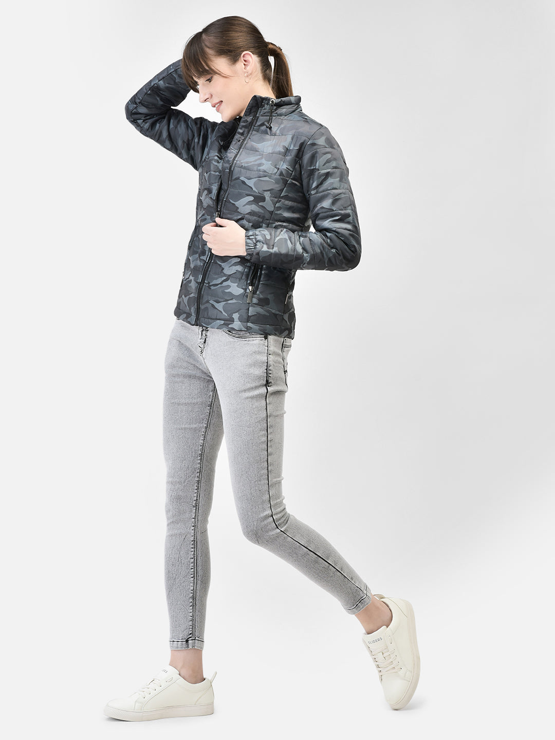 Grey Camouflage Puffer Jacket-Women Jackets-Crimsoune Club