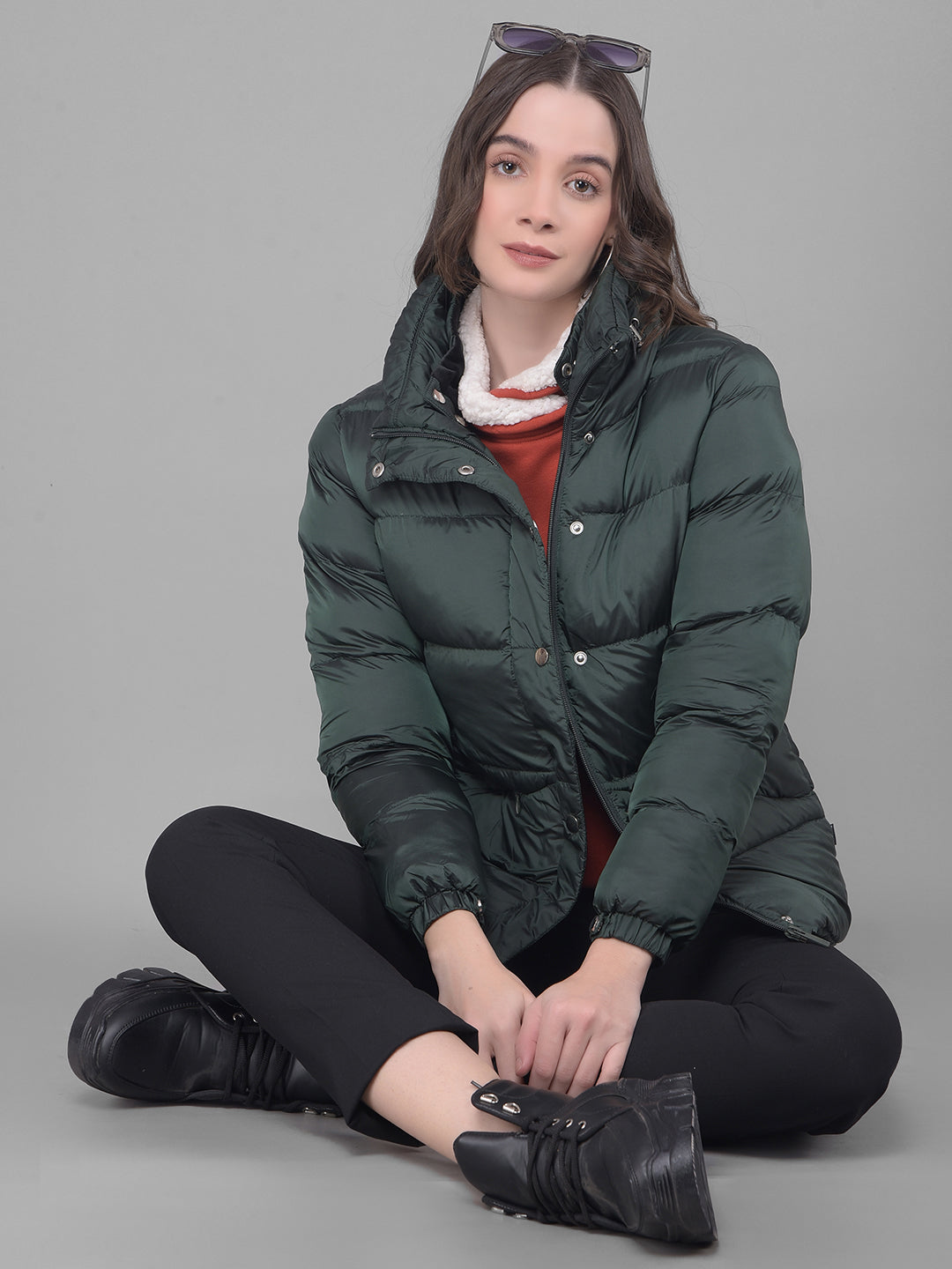 Green Puffer Jacket-Women Jackets-Crimsoune Club