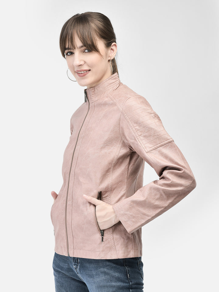 Pink Leather Jacket-Women Jackets-Crimsoune Club