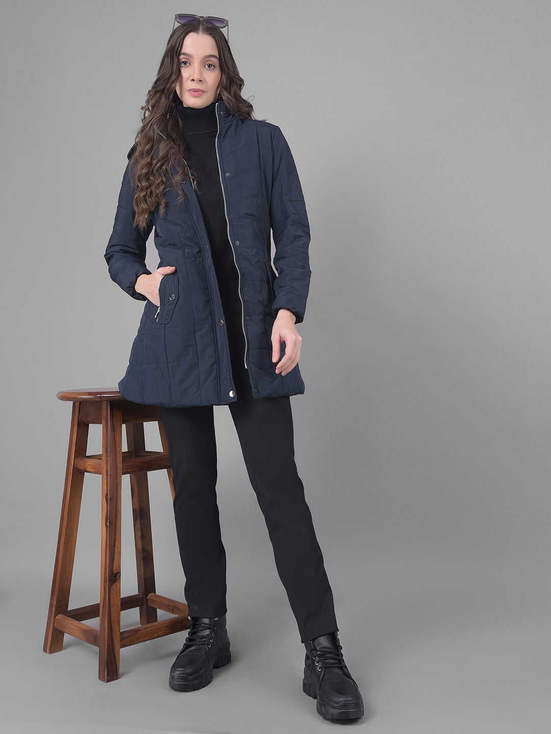 Navy Blue Puffer Jacket-Women Jackets-Crimsoune Club